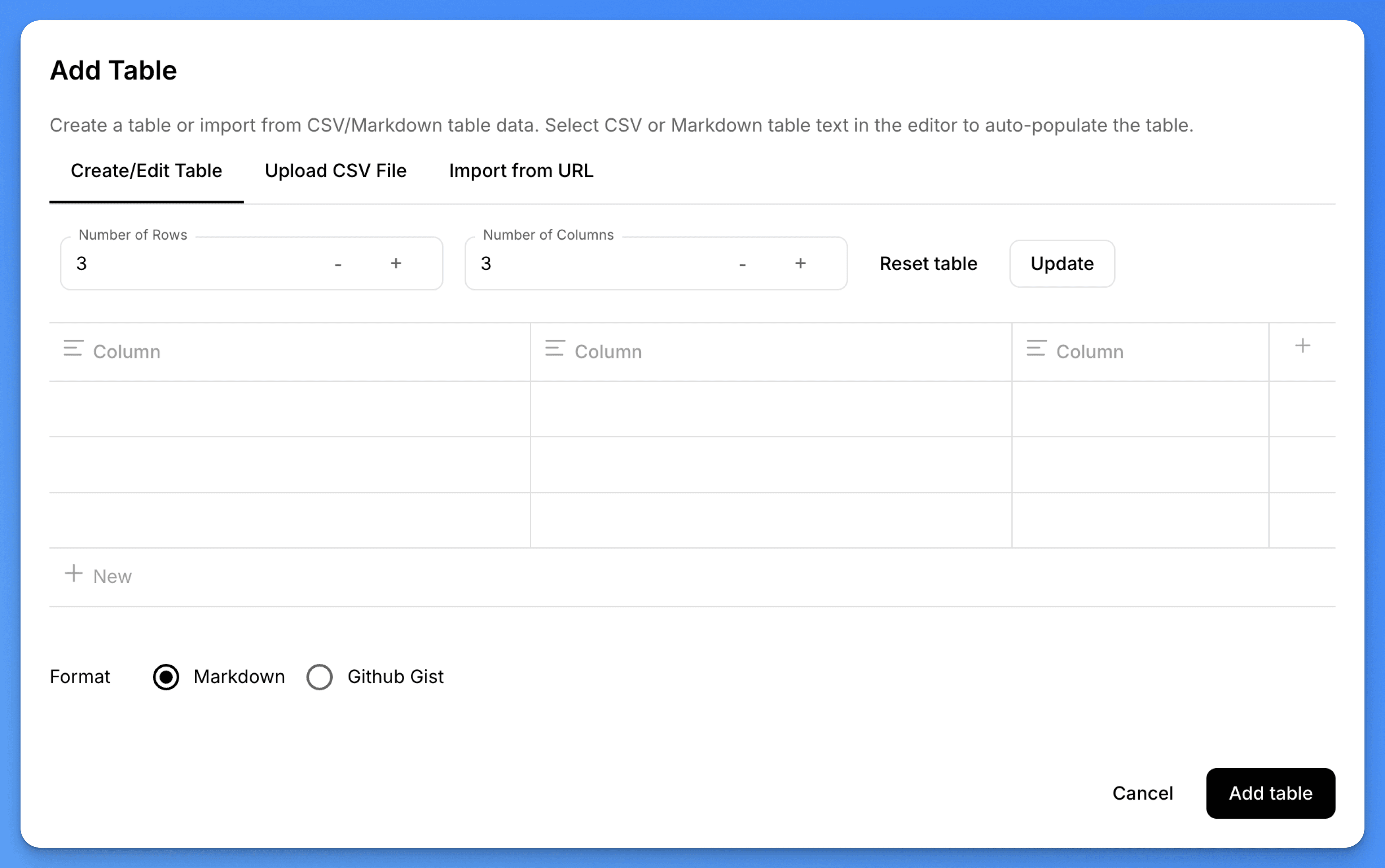 Visual Table Editor